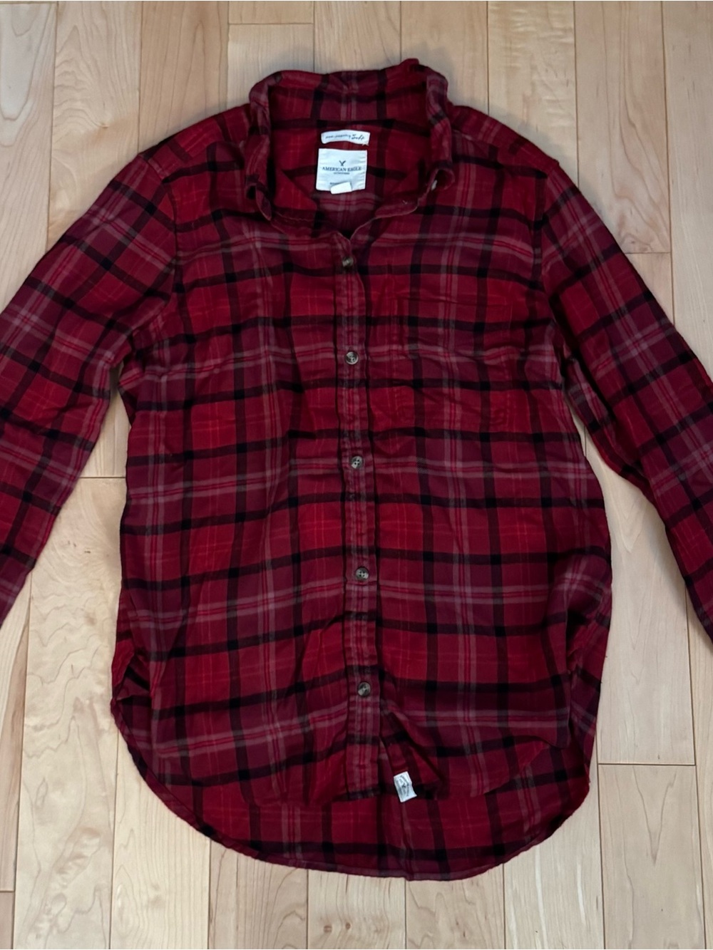 American Eagle Outfitters Red and Black Plaid Button-Down Shirt